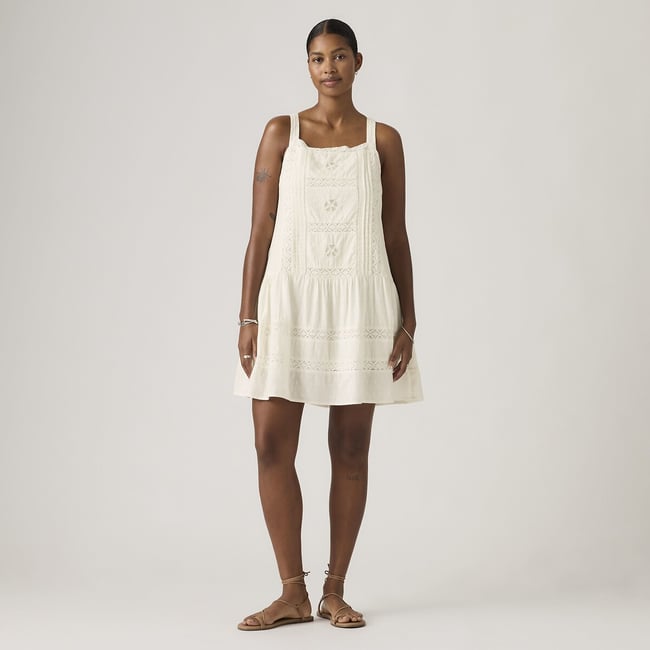 Robe courte à dentelle, bretelles blanc <span itemprop=