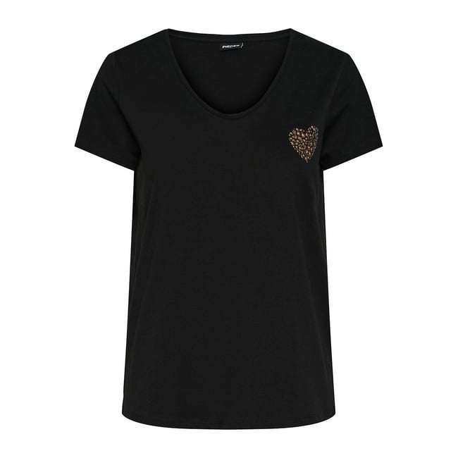 T-shirt scollo a V, cuore ricamato nero/leopardato PIECES