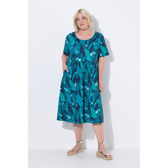 Robe midi en jersey, motif toucans bleu turquoise <span itemprop=