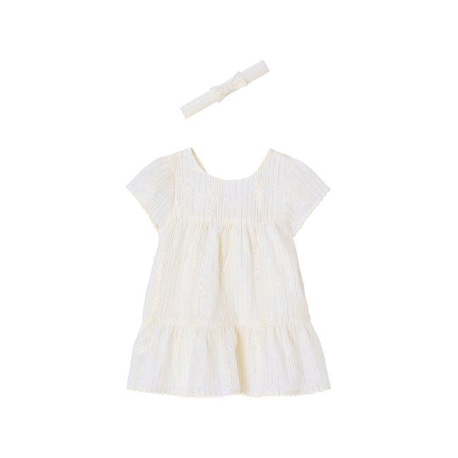 Ensemble cérémonie robe rayée fil brillant + bandeau assorti rayé blanc <span itemprop=