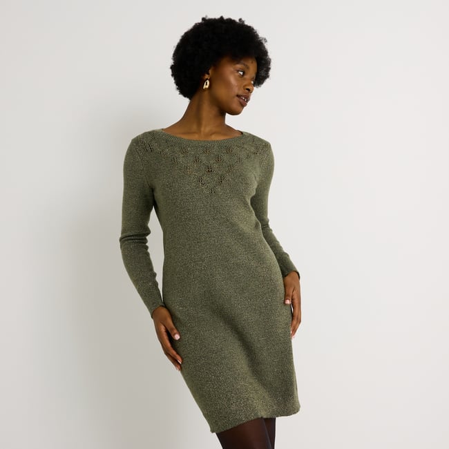Robe pull fils brillants vert kaki <span itemprop=