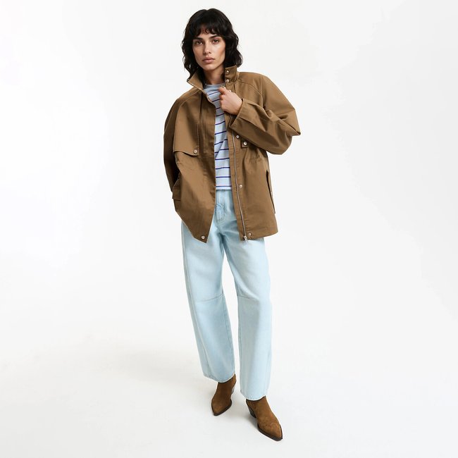 Trench court zippé à manches ballon  vert kaki <span itemprop=