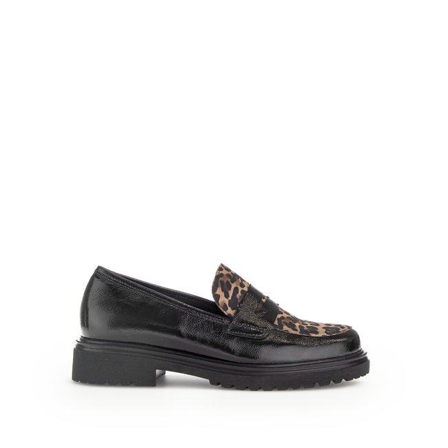 Mocassins en vernis à talon décroché savanne <span itemprop=