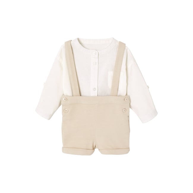 Ensemble bébé chemise et short cérémonie beige <span itemprop=