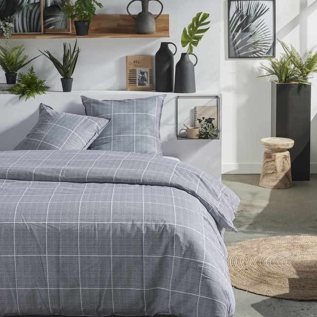 Parure de lit zippée imprimé A carreaux coton MAWIRA ARTHUR gris <span itemprop=