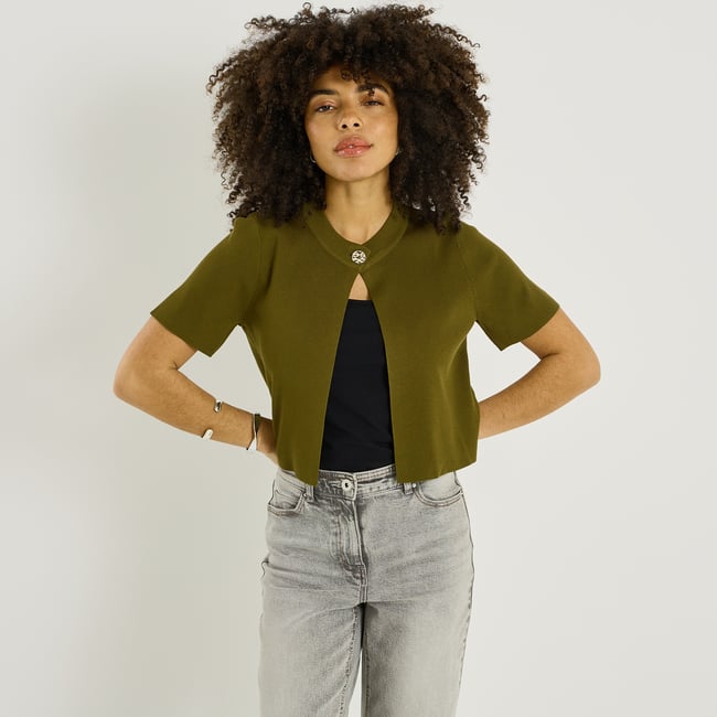 Gilet en maille fine à bouton vert kaki <span itemprop=