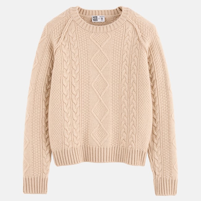 Pull torsadé, col rond, en laine mérinos ecru <span itemprop=