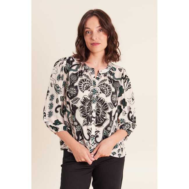 Chemise droite manches 3/4 col rond vert <span itemprop=