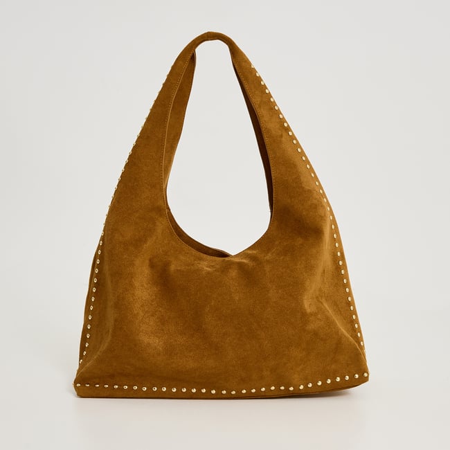 Grand sac porté épaule avec clous marron camel <span itemprop=