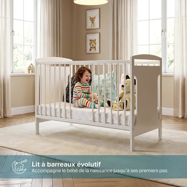 Lit bébé évolutif Margot - Design sobre - Grandit avec l'enfant blanc <span itemprop=