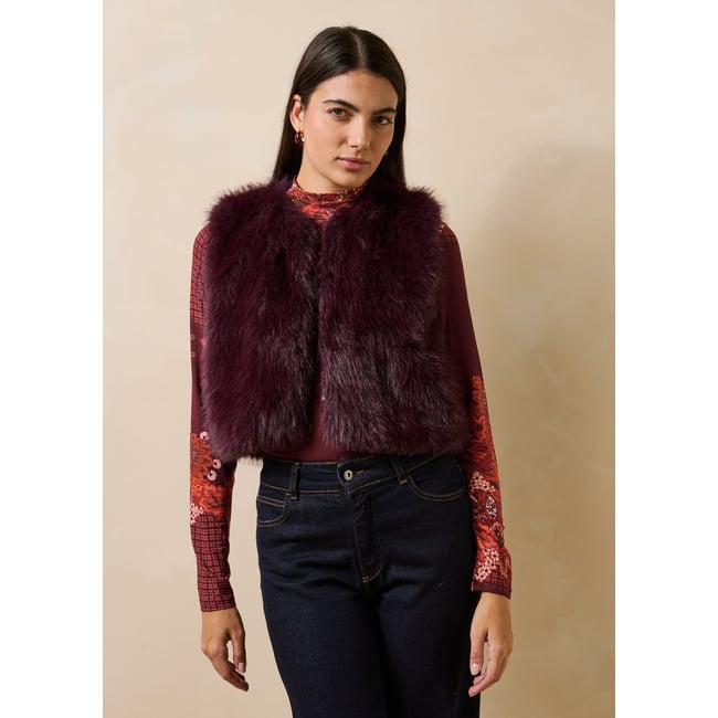 Veste en imitation fourrure sans manches col rond aubergine <span itemprop=