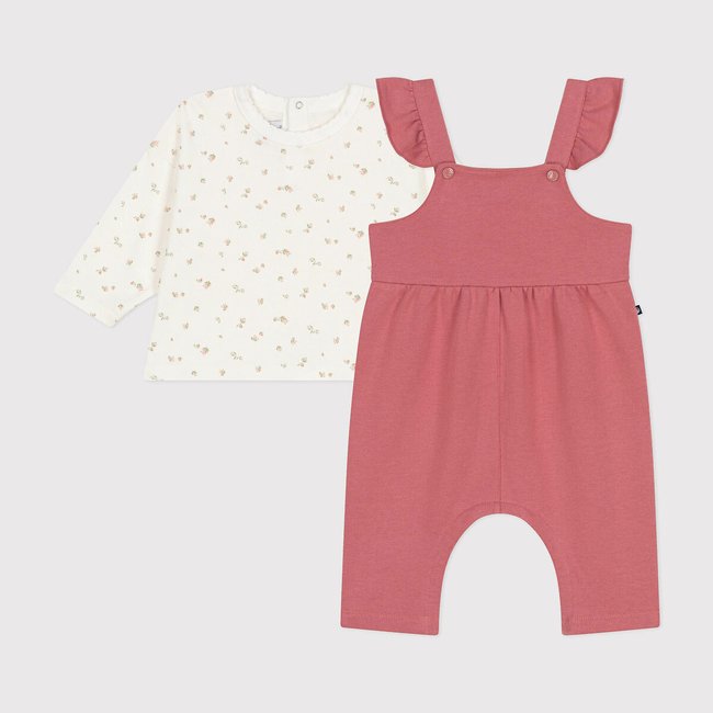 Cotton Dungarees/T-Shirt Outfit, pink + printed, PETIT BATEAU