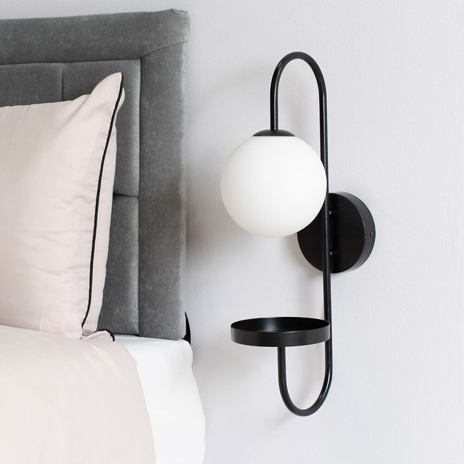 Curved Metal Wall Light with Shelf and Frosted Glass Globe Shade - SO'HOME