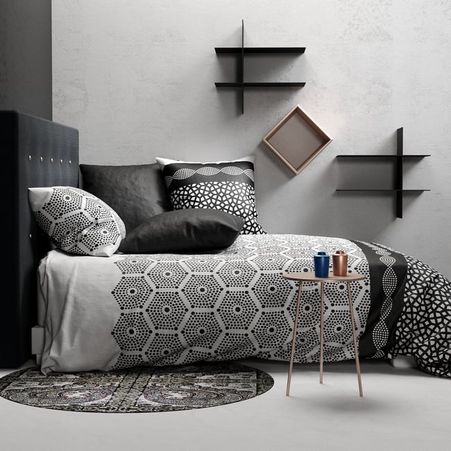 Parure housse de couette en coton imprimée, PAVAGE noir <span itemprop=