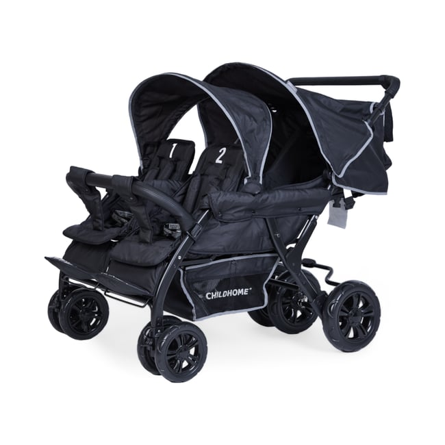 Quadruple poussette capacité 4 enfants + housse de pluie + pare-soleil noir <span itemprop=