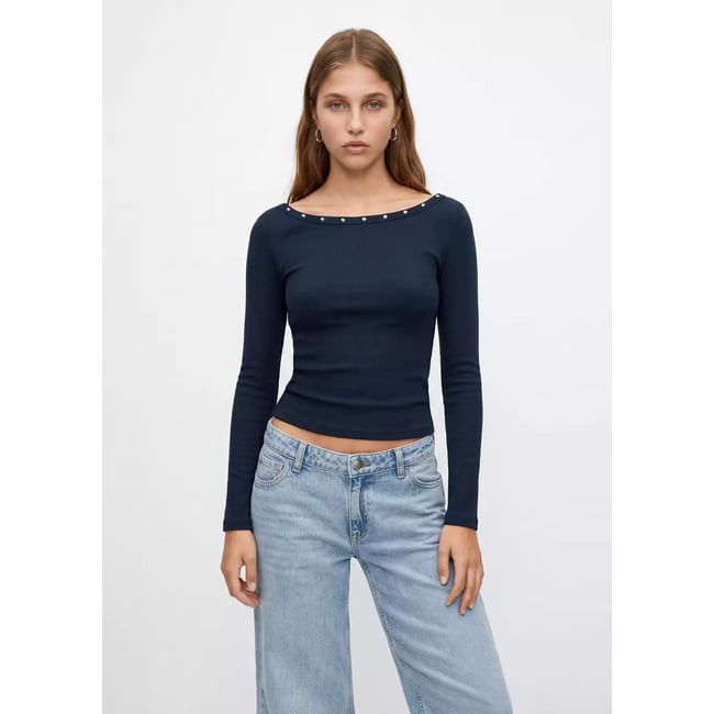 T-shirt col bateau à clous bleu marine <span itemprop=