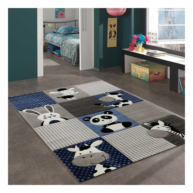 Tapis enfant tissé motif animaux ZOO Couleur bleu, gris, noir <span itemprop=