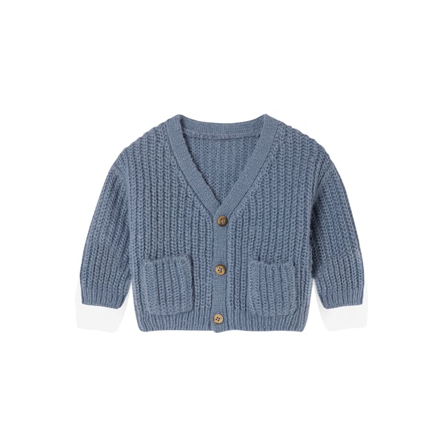 Gilet bébé col V en maille grosse jauge bleu grisé <span itemprop=