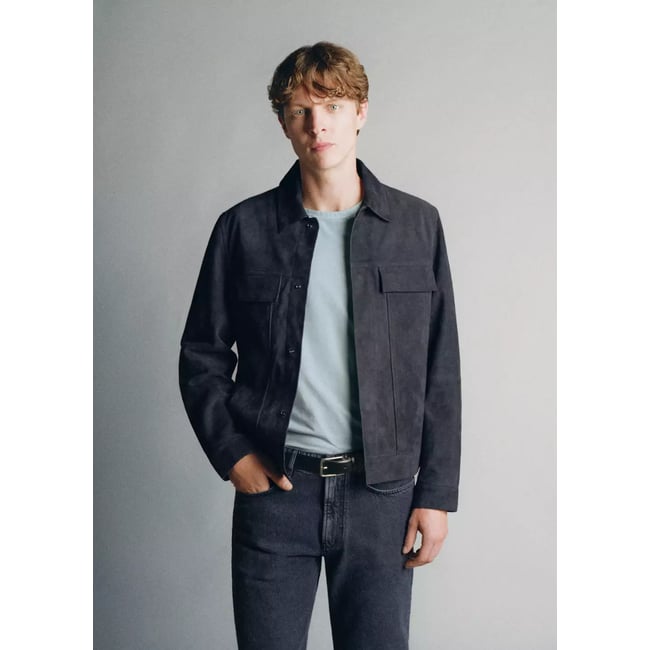 Blouson 100 % cuir daim poches bleu indigo <span itemprop=