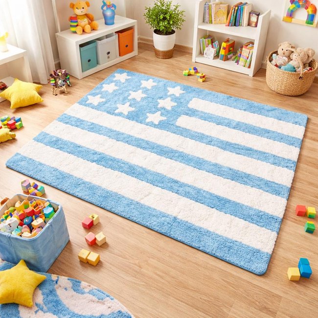 Tapis enfant fait main en coton DRAPA Couleur bleu, blanc <span itemprop=