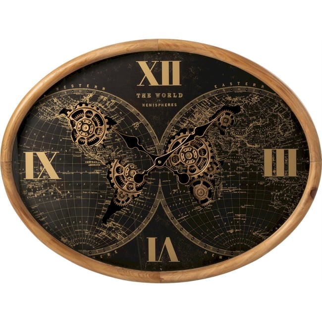 Horloge murale ovale en métal, Carte monde Couleur naturel et noir <span itemprop=