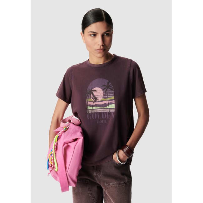 Tee-shirt coton bio visuel palmiers cassis <span itemprop=
