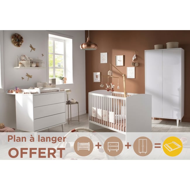 Chambre bébé 3 pièces, Lit 120x60, Commode à langer et armoire 2 portes Couleur blanc <span itemprop=
