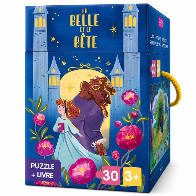 Puzzle et livre enfant La Belle et la Bête 30 pièces bleu <span itemprop=