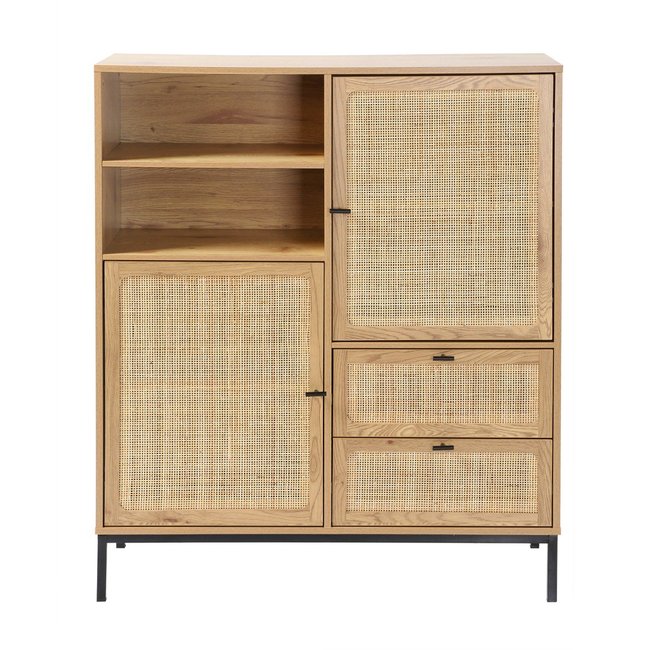Buffet Haut avec Façades en Rotin Naturel - L100 x H120 cm - JAYA Couleur bois clair <span itemprop=