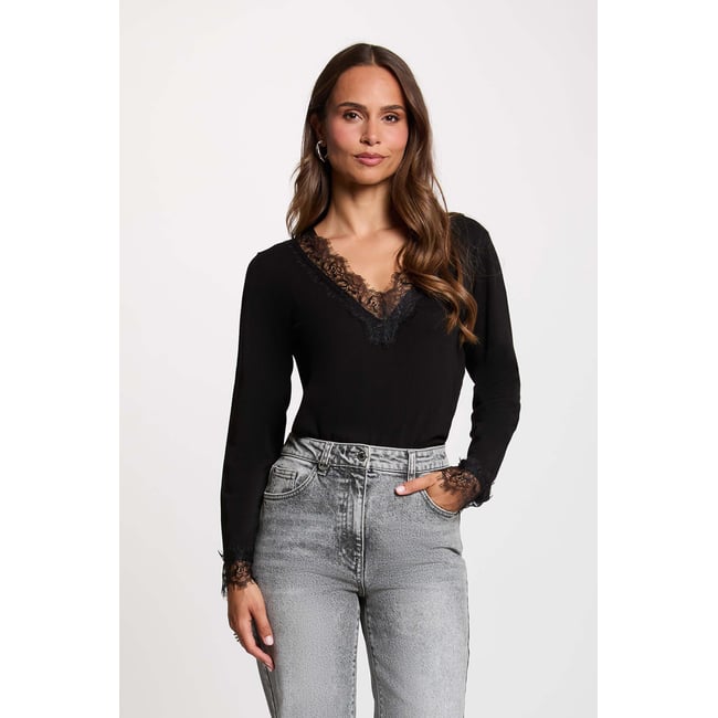 Pull col v dentelle noir <span itemprop=