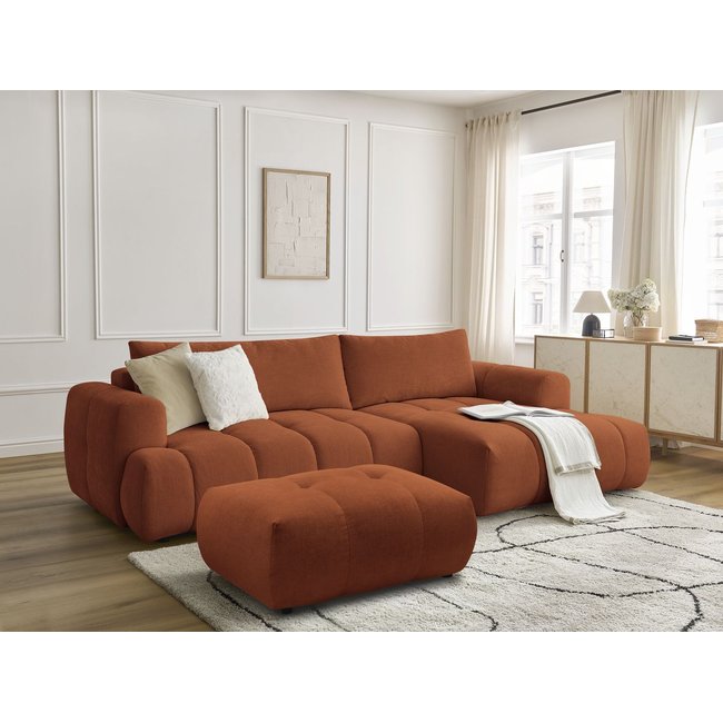 Canapé d'angle convertible 3 places en tissu lisse avec pouf, FUJI - BOBOCHIC