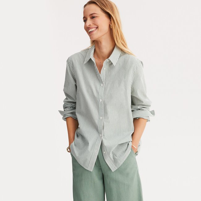 Camisa a rayas de manga larga rayas verde <span itemprop=