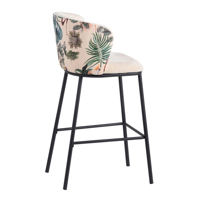 Tabouret de bar velours motif feuillage et métal noir 53x54x98cm Couleur multicolore <span itemprop=