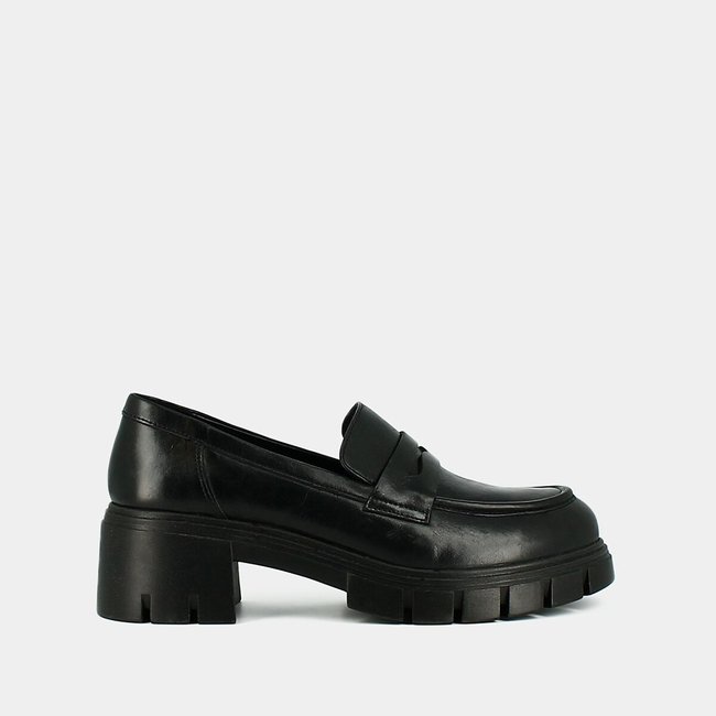 Mocasines de tacón grueso Aron, de piel negro <span itemprop=