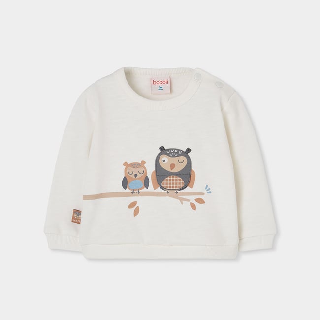 Sweat-shirt molleton bébé imprimé hiboux blanc <span itemprop=