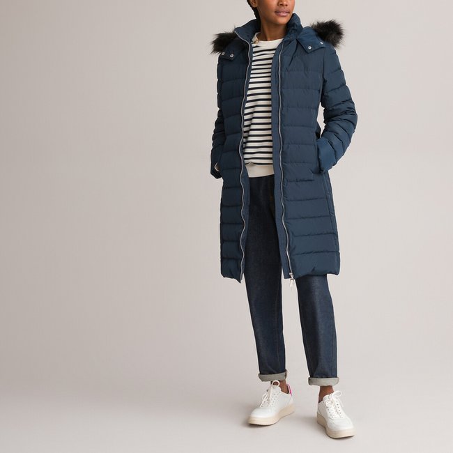 Navy padded puffer jacket with faux fur trim new arrivals
