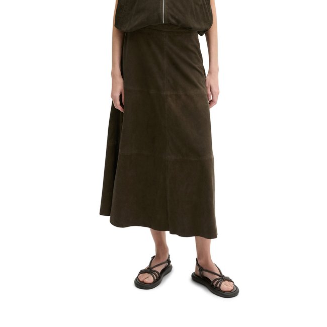 Jupe en cuir A-Shape en cuir de chèvre velours doux marron foncé <span itemprop=