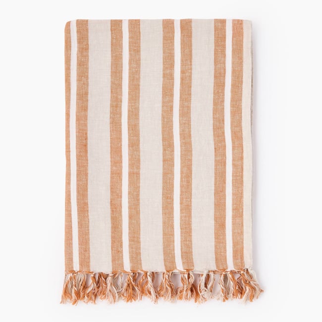 Fouta simple lin rayure chemise, 100x180cm, 100% lin pecan <span itemprop=