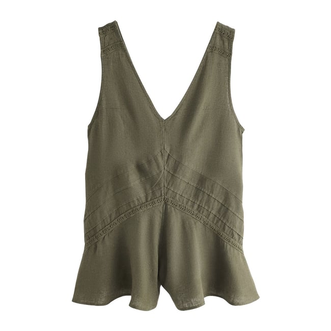 Combi-short à col v et empiècement dentelle vert kaki <span itemprop=