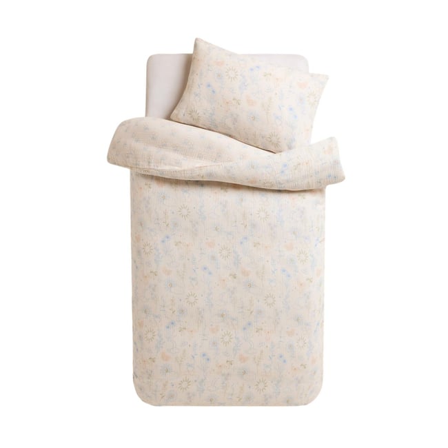 Parure lit mousseline froissée coton céleste neutre <span itemprop=
