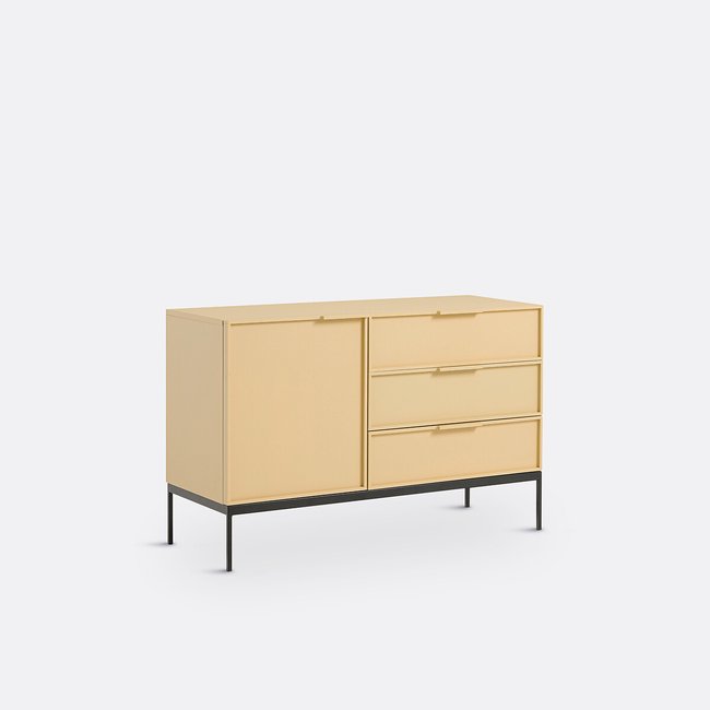 Aparador baixo, 1 porta 3 gavetas, Vati amarelo pastel <span itemprop=
