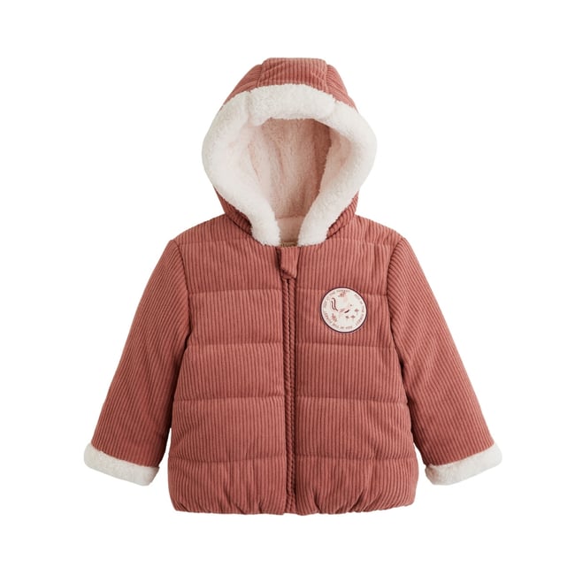 Doudoune bébé en velours côtelé doublée sherpa avec capuche Evie rose <span itemprop=