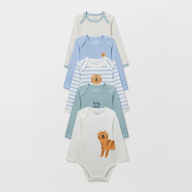 Lot de 5 bodies manches longues imprimé en coton BIO GOTS angelot <span itemprop=