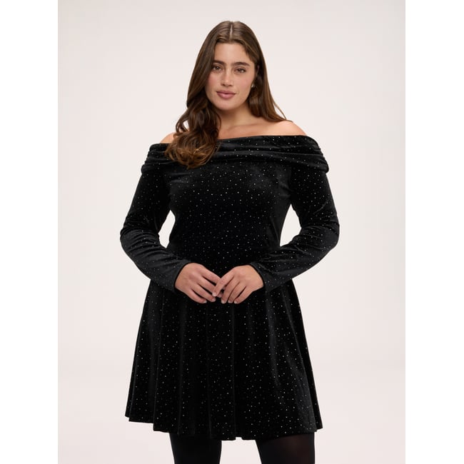 Robe épaules dénudées avec strass noir <span itemprop=