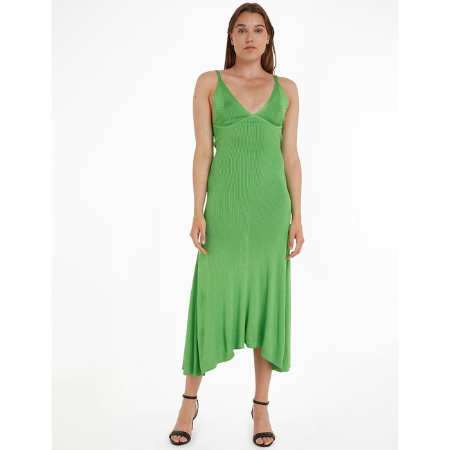 Vestido largo, ajustado, de tirantes finos verde <span itemprop=