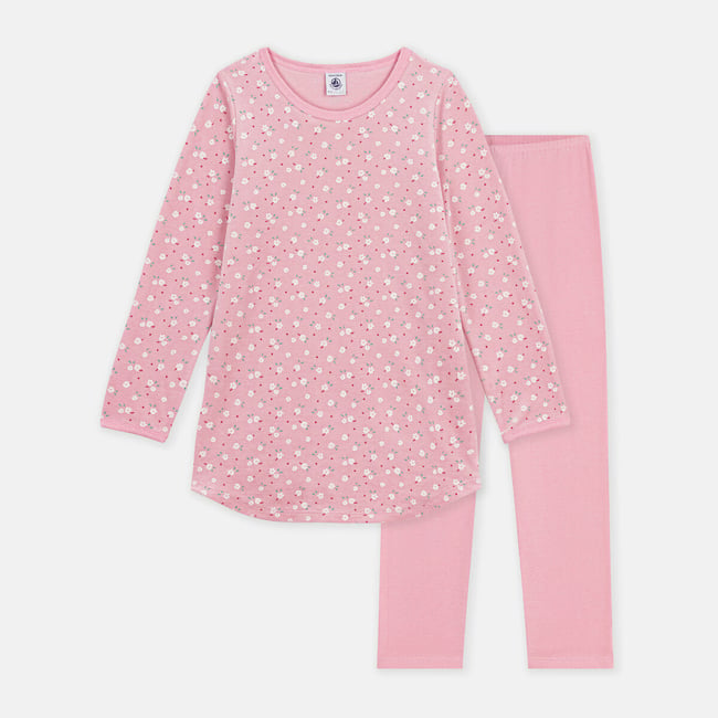 Chemise de nuit imprimé fleurs et legging uni en velours imprimé fond rose <span itemprop=