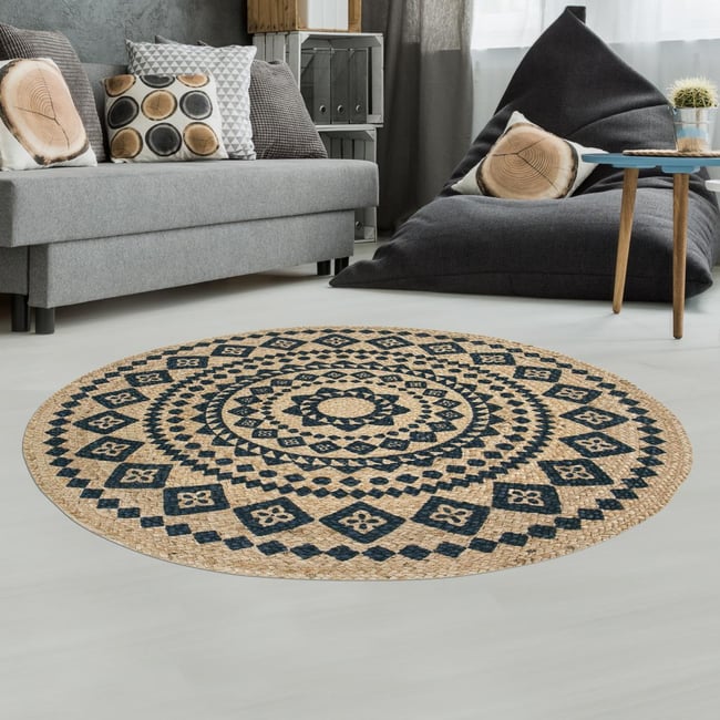 Tapis rond tissé en jute motif ethnique BLARON Couleur beige, bleu <span itemprop=
