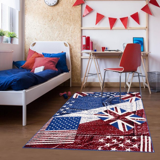 Tapis enfant tissé LYN1 USA UK Couleur bleu <span itemprop=