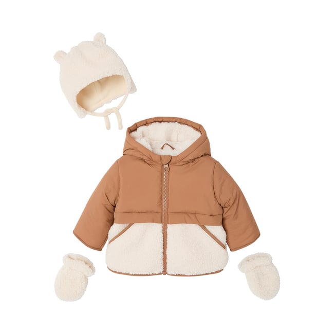 Doudoune avec bonnet et moufles noisette <span itemprop=