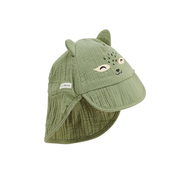 Casquette cache cou bébé en gaze de coton Gabin vert <span itemprop=